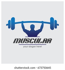 Gym fitness barbell logo icon. Gym Logo Design Template. Abstract graphic illustration with silhouettes of man with barbell