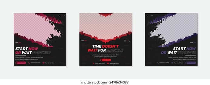 Gym fitness bodybuilding social media post template collection for extreme sports, yoga ads marketing offer promotion, grunge brush stroke vector design with editable typography, square ads banner set