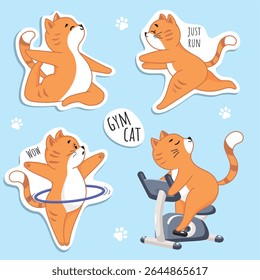 Ginásio, fitness, gato fazendo esportes, treino, conjunto de adesivos gatos, adesivos engraçados, adesivos de gato, perder peso, dieta, ginger cat, gatinho pequeno, atleta, estilo de vida saudável, fazer esportes, saúde, crianças