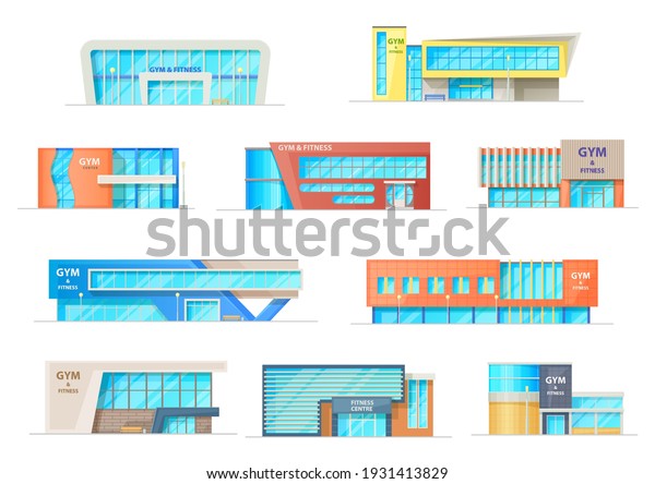Gym or fitness center buildings, vector contemporary\
city architecture constructions for sports activity, recreation.\
Workout exercising sport club facades of modern design isolated\
cartoon icons set