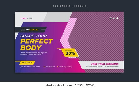 Gym and fitness center business promotion web banner template design. Social media marketing cover or flyer with logo and icon. Sport, exercise, workout, yoga and health video thumbnail background.
