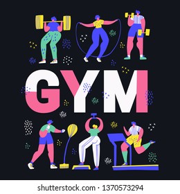 Gym, fitness center hand drawn word concept banner. Tiny people in sportive clothes cartoon characters. Working out, training exercises hand drawn vector illustration. Sport poster cartoon design