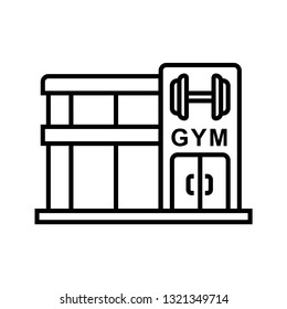 Gym Fitness Center Icon. Bodybuilder Place Illustration With Dumbbell Symbol. Simple Monoline Vector Graphic.