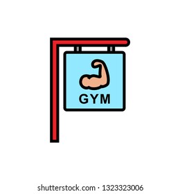 gym fitness center sign icon. hanging board with hand muscle symbol and text for bodybuilder place illustration. simple vector graphic.