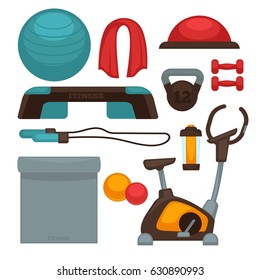 Gym or fitness center sport equipment and accessories vector flat icons
