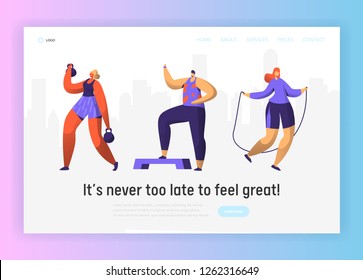 Gym Fitness Character Landing Page. Sport Cardio Workout Man and Woman Figure Collection. Healthy Aerobic Lifestyle Concept for Website or Banner Template. Flat Vector Illustration