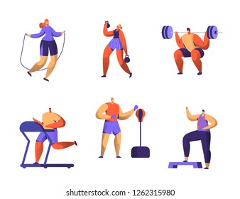 Gym Fitness Character Set. Sport Cardio Workout Man and Woman Figure Collection. Healthy Aerobic Weightlifter, Boxer Athlete Trainer Flat Vector Illustration