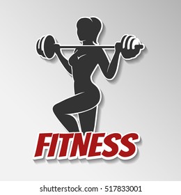 Gym or Fitness club Emblem Template. Athletic Woman Holding Weight Silhouette. Vector illustration