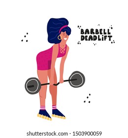 Gym, fitness club hand drawn concept banner. Woman doing barbell deadliff. Strength training exercises flat color vector illustration. Workout poster