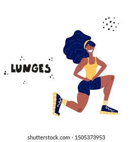 Gym, fitness club hand drawn concept banner. African american woman doing lunges. Strength training exercises flat color vector illustration. Workout poster