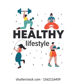 Gym, fitness club hand drawn concept banner. Tiny people in sportswear cartoon characters. Athletics, training exercises flat color vector illustration. Workout poster, banner design