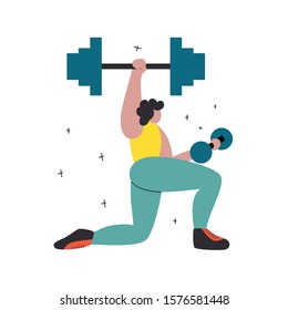Gym, fitness club hand drawn concept banner. Man in sportswear cartoon characters. Athletics, training exercises flat color vector illustration. Workout poster, banner design