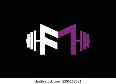 Gym and fitness club logo design template with barbell symbol. FM or MF GYM, fitness logo with barbell.