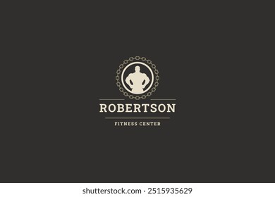 Gym fitness club retro logo design template athletic man silhouette vector flat illustration. Bodybuilding sport training muscle workout strong trainer coach with chain circle minimalist logotype