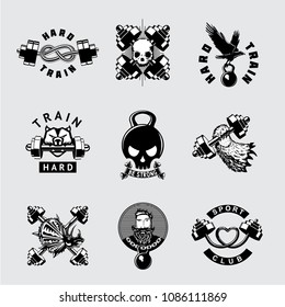 Gym and fitness club vintage vector icon set. Retro style bodybuilding sport emblem with barbell. Brutal workout signs.