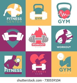 Gym and fitness club or workout sport center logo templates set.