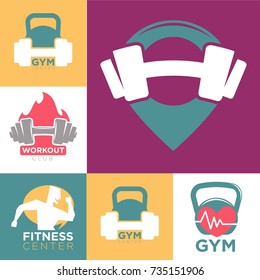 Gym and fitness club or workout sport center logo templates set.