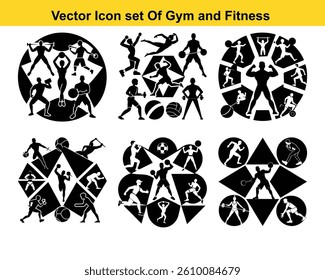 Gym and fitness collection. Group of active people doing fitness and gym activities isolated on white background.