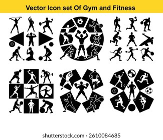 Gym and fitness collection. Group of active people doing fitness and gym activities isolated on white background.