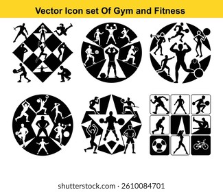 Gym and fitness collection. Group of active people doing fitness and gym activities isolated on white background.