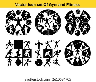 Gym and fitness collection. Group of active people doing fitness and gym activities isolated on white background.