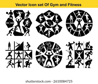 Gym and fitness collection. Group of active people doing fitness and gym activities isolated on white background.