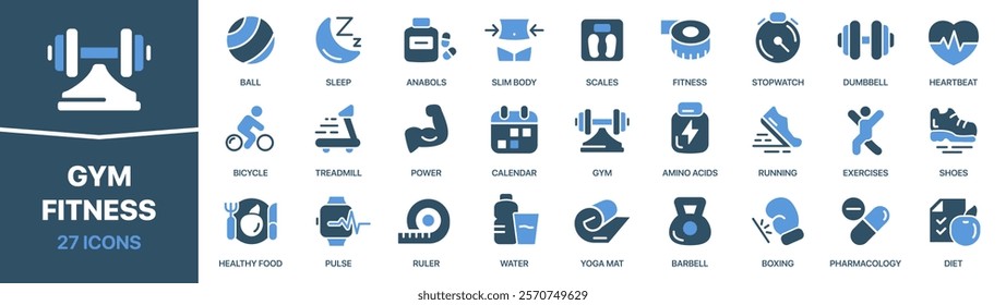 GYM and fitness colored signed icon collection. Dumbbell, power, barbell, running, yoga icons. UI icon set. Colored icons pack. Vector illustration EPS10