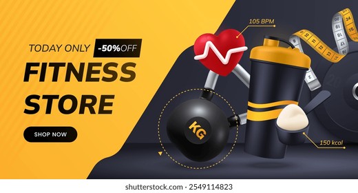 Ginásio e Fitness design de banner criativo com ilustração 3D e lugar para texto. Conceito de anúncio de loja de fitness online. Equipamento de halterofilismo e suplemento desportivo sobre fundo escuro.