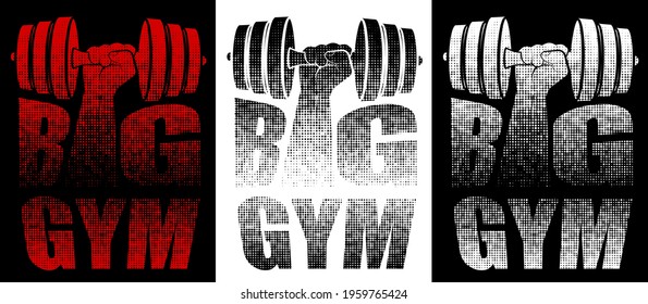 GYM or fitness emblem. Inscription with big gym name from dots with letters I in form of athlete hand with dumbbells. Design element, print for clothes. Vector