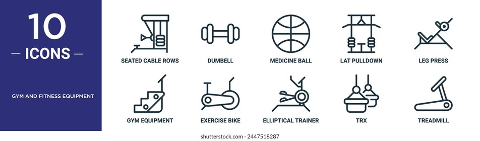 gym and fitness equipment outline icon set includes thin line seated cable rows, dumbell, medicine ball, lat pulldown, leg press, gym equipment, exercise bike icons for report, presentation,