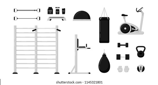 Gym fitness equipment set isolated on white background. Black and white color. Collection of modern training apparatus. Cute cartoon design. Simple flat style vector illustration.