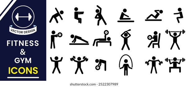 Conjunto de iconos planos de gimnasio, fitness y ejercicio. Icono de fitness y gimnasio, conjunto de Vector. Conjunto de iconos de silueta de gimnasio y fitness. Conjunto de gimnasio y entrenamiento, Ilustración vectorial.