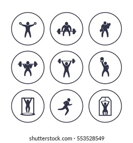 Gym, fitness exercises icons in circles over white, workout, training, bodybuilding, weightlifting, vector illustration