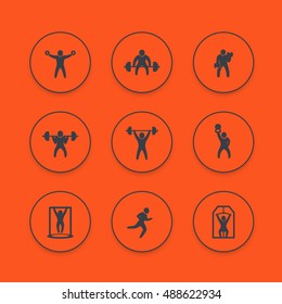 Gym, fitness exercises icons set, workout, weightlifting, training pictograms, vector illustration