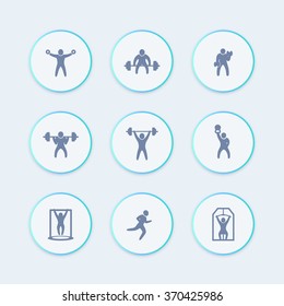 Gym, fitness exercises icons, gym training, workout, fitness round stylish icon, vector illustration