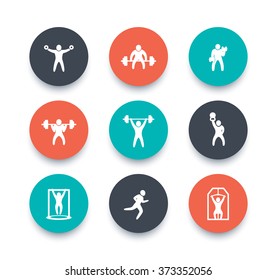 Gym, fitness exercises round color icons, gym training, workout icon, vector illustration