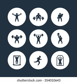 Gym, fitness exercises round icons, gym training, workout icon, vector illustration