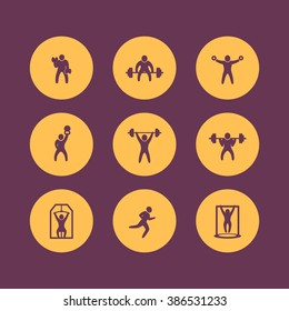 Gym, fitness exercises round icons, gym training icon, fitness exercises pictograms, vector illustration