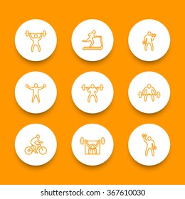 Gym, fitness exercises thin line icons, vector illustration