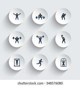 Gym, fitness exercises, training icons on round 3d shapes, vector illustration