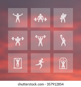 Gym, fitness exercises, training icons on transparent squares, vector illustration