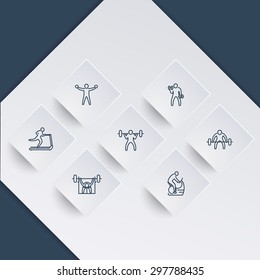 Gym, fitness exercises, training, line icons on square shapes, vector illustration, eps10, easy to edit