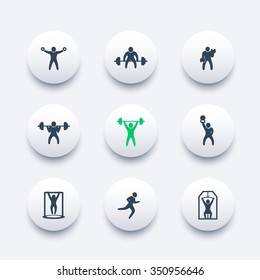 Gym, fitness exercises, training, round modern icons, vector illustration