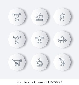 Gym, fitness exercises, training, workout linear octagon icons, vector illustration, eps10, easy to edit