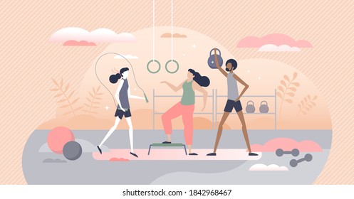 Gym Fitness With Fit Workout Activity And Sport Exercise Tiny Person Concept. Physical Indoor Activity For Health, Strength Or Good Shape Vector Illustration. Athletic Body Gain With Weights Or Cardio