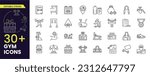 Gym, Fitness, healthy lifestyle, training, workout, biceps, running, diet, body building, yoga and equipment and health care stroke line icon set. Editable vector stroke icon collection