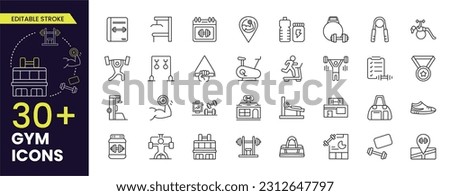 Gym, Fitness, healthy lifestyle, training, workout, biceps, running, diet, body building, yoga and equipment and health care stroke line icon set. Editable vector stroke icon collection