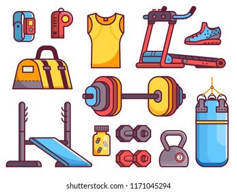 Gym and fitness icon set with body building, strength training and running elements. Sport equipment icons in flat design including treadmill, punching bag, kettlebells and other accessories.