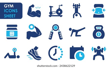 Gym and fitness icon set. Containing healthy lifestyle, weight training, body care and so on. Flat gym icon designs.