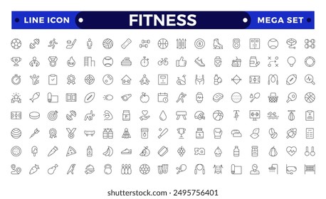 Gym and fitness icon set. Containing healthy lifestyle, weight training, body care and workout or exercise equipment icons. Outline icon collection. 
